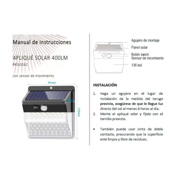 Apliqué solar de alta intensidad con sensor de movimiento PKSL0162 - Imagen 6